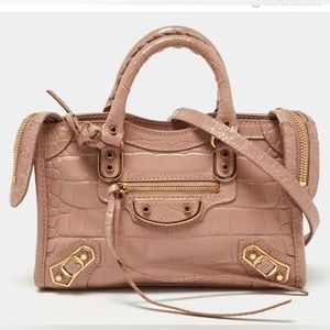 Balenciaga Pink Croc Embossed Leather Nano Metallic Edge City